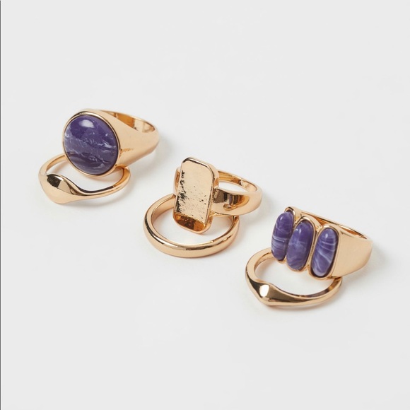 H&M GOLD & PURPLE SET OF 6 FASHION RINGS NEW M/L - Picture 1 of 4